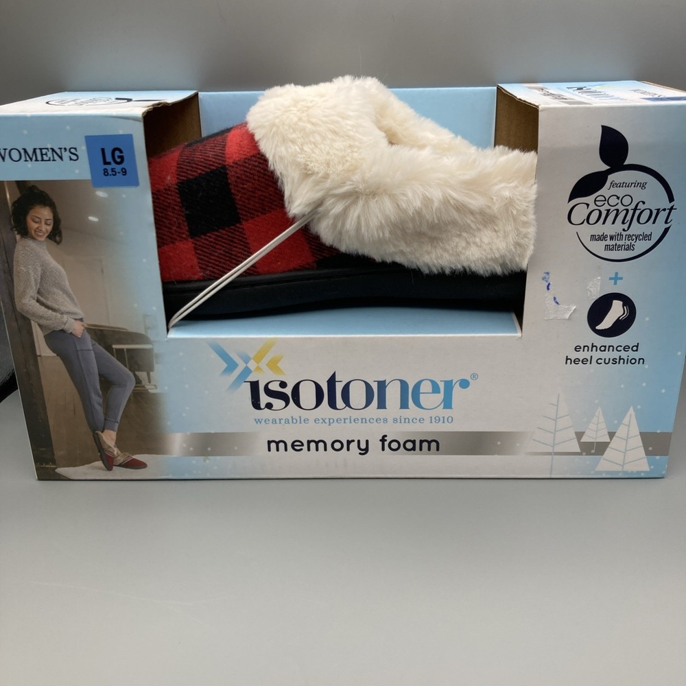 Women's Isotoner Large Memory Foam Buffalo Plaid Faux Fur Slippers New